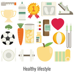 Flat vector illustration of icons for fitness, sport and diet