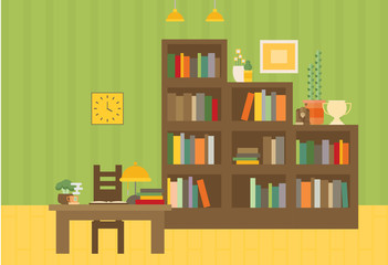 Cabinet and library. Books and knowledge. Vector flat