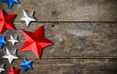 star painting of the USA flag color on wooden table, high contrast and over light, vintage ton