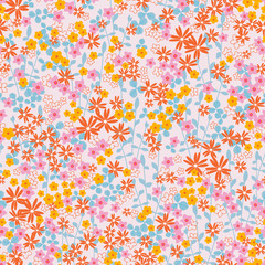 Gentle romantic seamless romantic naive flower ditsy pattern with leaves, wild flowers, spring summer time, nature in bloom, colorful floral background allover print 
