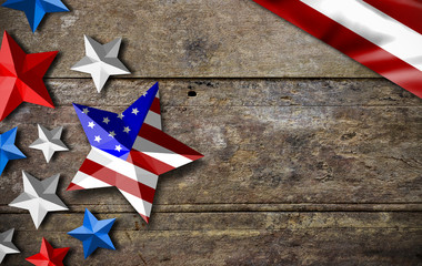 star painting of the USA flag color on wooden table, high contrast and over light, vintage ton