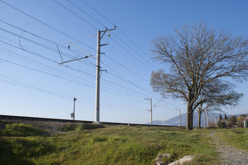 railroad and electric wires in perspective