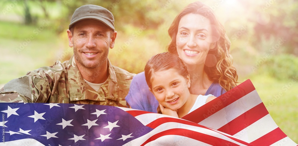 Poster Composite image of portrait of army man with family