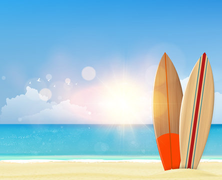 Beach background with surf boards. Photorealistic vector.

