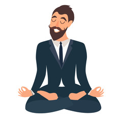 Businessman meditating. Concept of calm business, work at office. Happy worker. Businessman in yoga pose, lotus position. Business relax. Cartoon style vector illustration isolated on white background