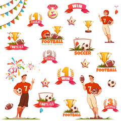 Fototapeta premium Banner set with football ball, sportsman and goblet. Vector illustration.