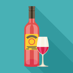 Vector wine bottle and wine glass with red wine. Flat style.