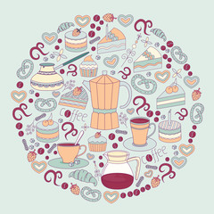 Flyer of vector modern flat design coffee-shop, cafe and bakery icons.