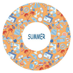 Summertime circle traveling template with beach, holidays and vacation summer accessories