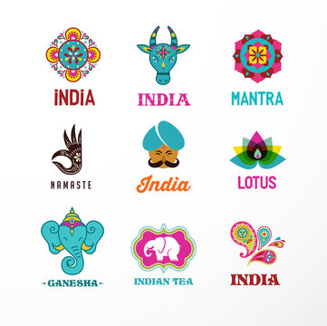 India - set of Indian icons. Ganesh, lotus, elephant mandala and cow