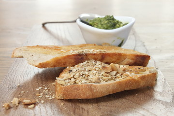 ciabata bread with dukkah and basil pesto