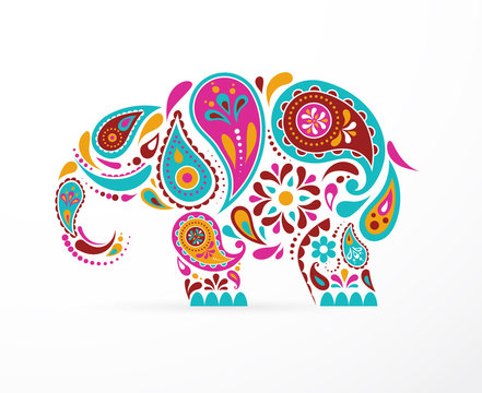 India - parsley patterned elephant, oriental Indian icon and illustration