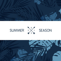 Blue indigo summer tropical hawaiian background with palm tree leaves and exotic flowers
