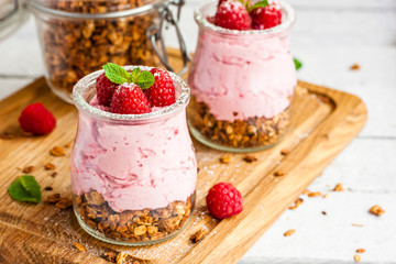 mousse with raspberries and granola