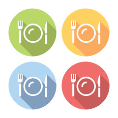 Fototapeta premium Plate And Kitchen Cutlery Flat Icons Set