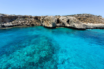 Pirate bay in protaras paralimni, immaculate water, blue sea and rocks, cyprus island