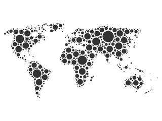 World map mosaic of grey dots in various sizes on white background. Vector illustration. World map background theme.