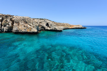 Pirate bay in protaras paralimni, immaculate water, blue sea and rocks, cyprus island