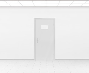 Blank name plate design mockup handing on door, 3d render. Door sign mock up template on entry in cabinet. Office hall interior with nameplate on door. Clear closed door signage plate. Room signplate