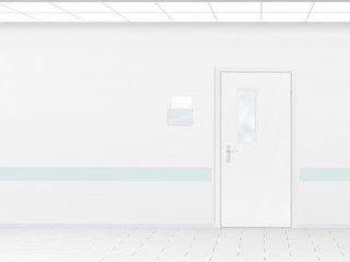 Hospital corridor with blank wall mockup and door, 3d render. Room sign mock up template on entry in ward. Medical hall interior sickroom. Clear closed door signage plate. Infirmary light hallway 