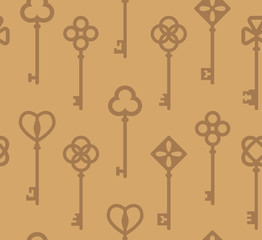 Beige seamless pattern with antique keys. Vector illustration.
