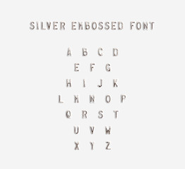 Silver embossed alphabet isolated, 3d illustration. Argent typing font design. Beveled symbols...