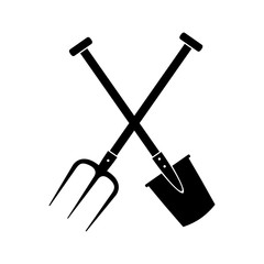 Black spade and pitchfork on white background