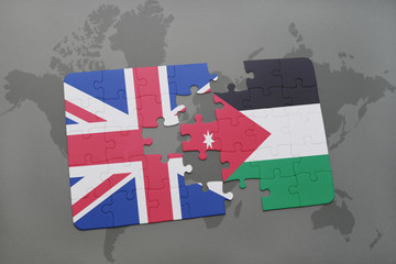 puzzle with the national flag of great britain and jordan on a world map background.