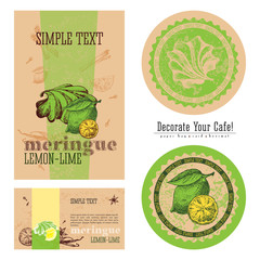 Lemon-lime meringue, eco-friendly packaging design and execution of a cafe, a paper bag, business card, sticker and beermat. Decorate your cafe.