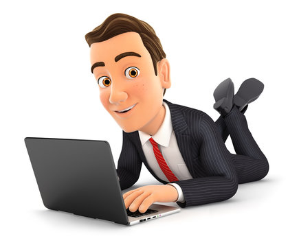3d businessman lying on the floor and using laptop