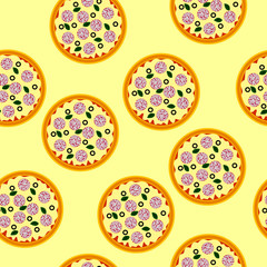Seamless colorful cartoon pizza texture on a light yellow background