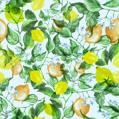     Vintage watercolor pattern - Lemon branch with flowers and leaves. 