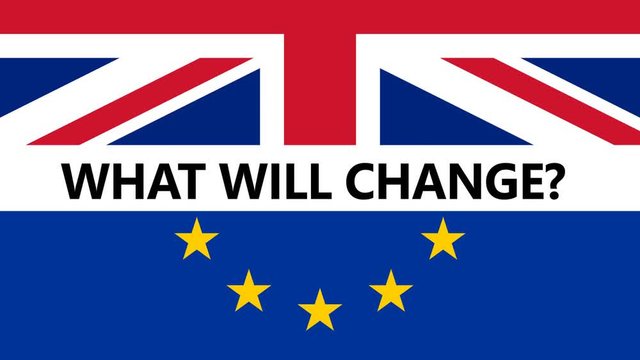 Brexit UK EU referendum concept with flags and topical messages: What will Change