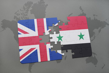 puzzle with the national flag of great britain and syria on a world map background.