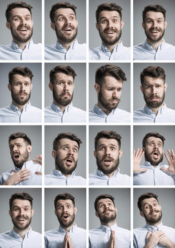 Set of young man's portraits with different emotions