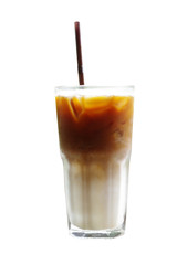 Glass of iced coffee latte with straw isolated on white backgrou