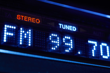 FM tuner radio display. Stereo digital frequency station tuned.