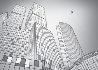 Business building, silver city, infrastructure illustration, modern architecture, skyscrapers, airplane flying, vector design art