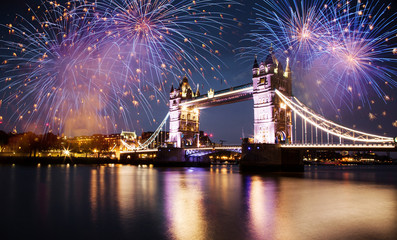 Fototapeta na wymiar Tower bridge with firework, celebration of the New Year in London, UK