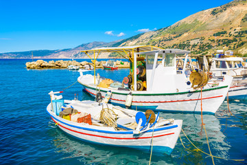 Fototapeta na wymiar Traditional greek fishing boats in port of Zola village, Kefalonia island, Greece