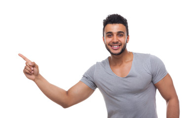Casual Handsome Man Point Finger At Corner To Copy Space