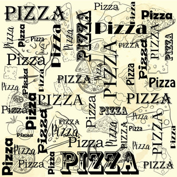 A set of food for the cafe, restaurant and fast food on paper stained in spots. Pizzeria, Italian Cuisine