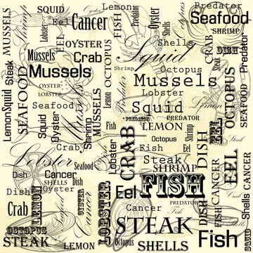 A set of food for the cafe, restaurant and fast food on paper stained in spots. Seafood. Marine life.