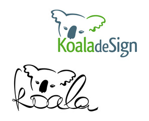 Sign or logo in the form of an Australian tropical animal koala bear, painted in color and black version. Head koalas intertwined with the spelling of the word. © vit003