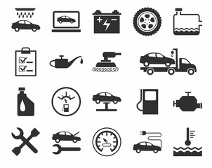 Repair and maintenance of vehicles, single-color icons.  