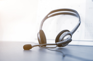 close up headset earphone for call center occupation concept.