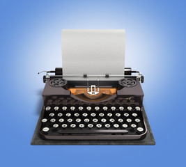 Retro rusty typewriter with paper sheet 3d render on gradient ba