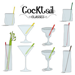 Cocktail glasses board set with ingredients for restaurants and bar business vector illustration