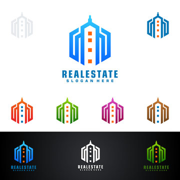 Simple real estate vector logo design, with line and building shape represented strong and modern realty