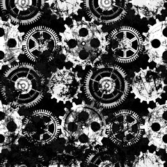 Hand drawn background with gear wheel. Abstract black, white grunge background with mechanism of watch. Texture with cracks, ambrosia, scratches, attrition.Series of Drawn Black and White Backgrounds.